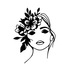 Female Face with Flowers Line Art Vector Drawing. Linear Drawing of Floral Woman Head. Woman Portrait Black Sketch Illustration on White Background