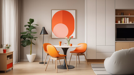 Modern Living Room Interior Design with Orange Chairs and Abstract Art