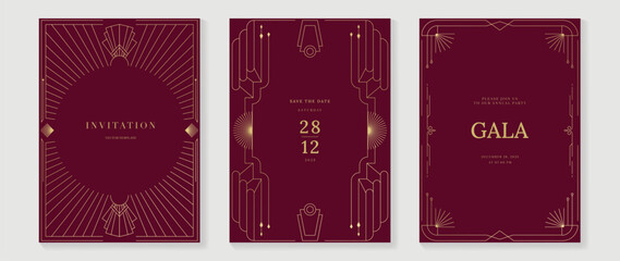Luxury invitation card vector. Elegant art deco classic antique design, gold lines gradient, frame on red background. Premium design illustration for gala, grand opening, VIP cover, wedding.