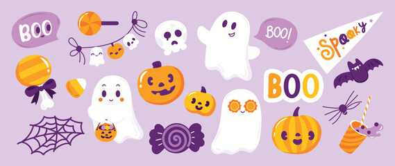 Happy Halloween day element background vector. Cute collection of spooky ghost, pumpkin, bat, candy, skull, spider. Adorable halloween festival elements for decoration, prints.