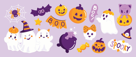 Happy Halloween day element background vector. Cute collection of spooky ghost, pumpkin, bat, candy, cat, skull, spider. Adorable halloween festival elements for decoration, prints.