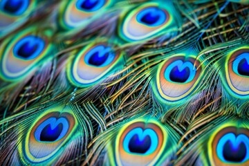 Obraz premium Stunning close-up of vibrant peacock feathers displaying intricate patterns and colors. Ideal for nature lovers and art enthusiasts. Capturing beauty in every detail. Generative AI