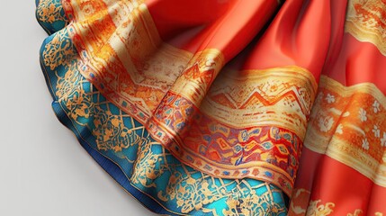 A vibrant fabric showcasing intricate patterns and colors, ideal for fashion or decor.