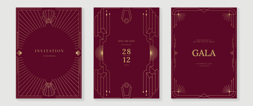 Luxury invitation card vector. Elegant art deco classic antique design, gold lines gradient, frame on red background. Premium design illustration for gala, grand opening, VIP cover, wedding.