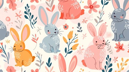 07231249 453. Seamless pattern with cute cartoon bunnies in different colors and poses, designed in a flat vector style, ideal for kids' textile and gift wrapping paper