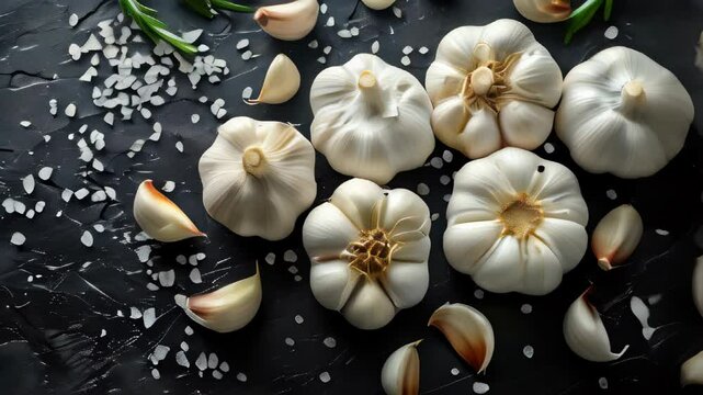 Exploring various garlic varieties with fresh herbs and sea salt on a dark countertop