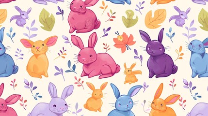 Fototapeta premium 07231249 455. Flat style seamless pattern with colorful cartoon bunnies, designed for kids' fabric prints, textiles, and gift wrapping paper, showcasing bunnies in various fun poses