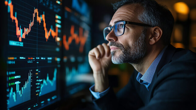 An investor holding bonds, concerned about the impact of changing interest rates on future growth, financial charts in the background