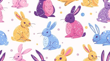 07231249 455. Flat style seamless pattern with colorful cartoon bunnies, designed for kids' fabric prints, textiles, and gift wrapping paper, showcasing bunnies in various fun poses