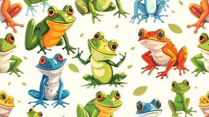 Naklejka premium 07231249 456. Seamless pattern featuring cute cartoon frogs in various playful poses, designed in a vibrant and whimsical style, perfect for kids' wallpaper and gift wrap paper