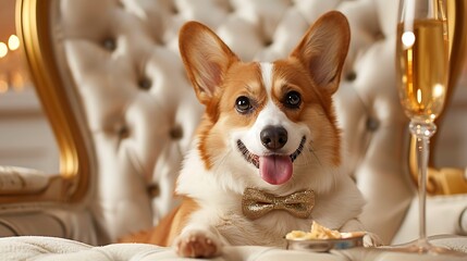 Adorable Corgi Wearing Silk Bowtie in a Luxurious Setting