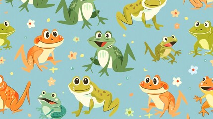 07231249 456. Seamless pattern featuring cute cartoon frogs in various playful poses, designed in a vibrant and whimsical style, perfect for kids' wallpaper and gift wrap paper
