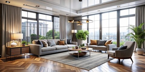 In this modern space, fashionable furniture and panoramic windows are perfectly balanced by blank white walls, expertly