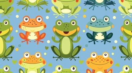 Obraz premium 07231249 458. Cute cartoon frogs in a seamless pattern, designed with bright colors and charming expressions, suitable for kids' wallpaper and gift wrap paper