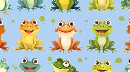 Obraz premium 07231249 459. Playful seamless pattern with cartoon frogs, showcasing a variety of cute poses and expressions, perfect for children's wallpaper and gift wrapping paper