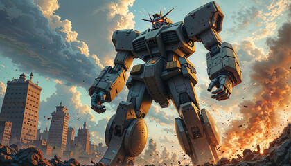 A massive anime mecha stands in a war-torn city, ready to engage in combat. The scene is intense, with smoke and debris creating a dramatic atmosphere.