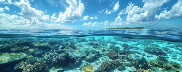 Clear, calm sea with vibrant coral reefs visible, 4K hyperrealistic photo