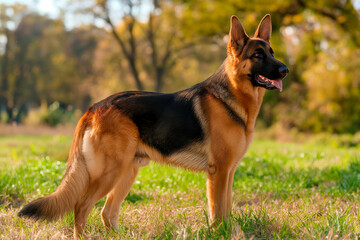 german shepherd dog outside on a meadow with green grass