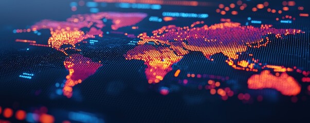 Dynamic glowing world map showcasing data visualization with vibrant colors, ideal for technology and global communication themes.