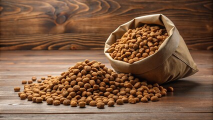 Kibble spills out of a large brown bag, overflowing into a bowl and scattering across the floor in