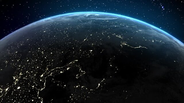 Night planet Earth, view from space, satellite view of the European continent. Slowly rotating planet on the background of stars. High quality 4k footage
