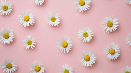 White daisy chamomile flowers on pale pink background