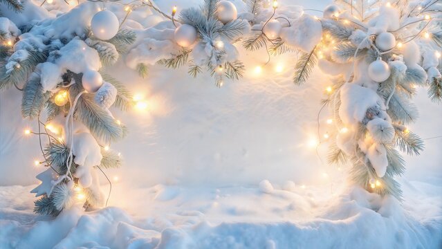 Winter nativity scene with garland of lights and hoarfrost covered branches against blue sky background for Christmas decorations and winter theme.