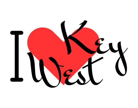 I love Key West, city of United States. Hand drawn letters with red heart. Vector illustration lettering, modern design