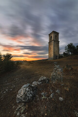 Sunset over the ruins of the abandoned town of Otxate, Alava