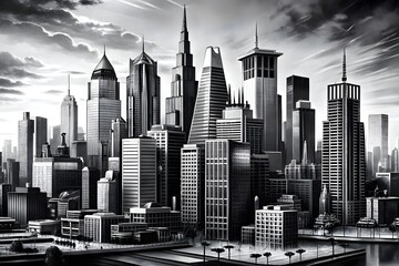 Modern Architecture Urban Cityscape Black White Dramatic Skyline Towering Skyscrapers Futuristic Design Metropolis Landscape