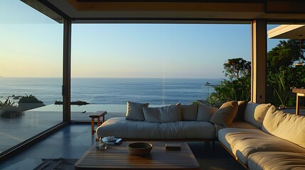 Fototapeta premium Comfy sofa support and a lounge view of the ocean