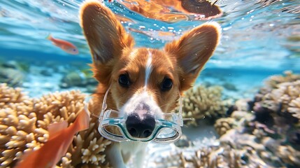 Cute Corgi Snorkeling Underwater with Tiny Mask in Shallow Water