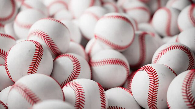 A Large Number Of White Baseball Balls Set Of Many Professional Sports Balls Closeup Of A Large Number Of White Baseball Balls With Red Seams Set Of Many Professional Sports Ball