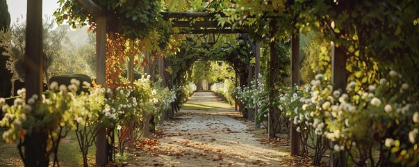 Romantic Italian villa wedding with vine-covered pergolas and olive groves, 4K hyperrealistic photo