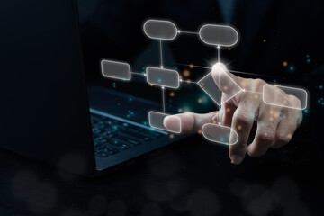 Businessman using laptop and touching business process flowchart, implement and improve on virtual...