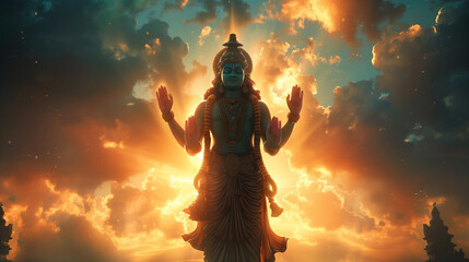 Lord Vishnu silhouette, Four arms, grand celestial represents wisdom, power, strength, valor, energy, and splendor. heavenly lighting