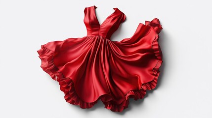 A vibrant red dress displayed elegantly, showcasing its flowing fabric and design.