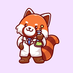 Fototapeta premium Cute Red Panda Scientist Holding Lab Tube Cartoon Vector Icon Illustration. Animal Science Icon Concept Isolated Premium Vector. Flat Cartoon Style