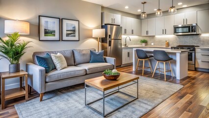 Renovated to perfection, this one-bedroom apartment boasts a chic living room with a plush gray rug, sleek coffee