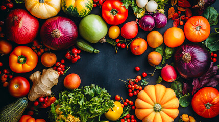 composition with autumn vegetables and fruits lying on a dark background. Tomato, grapes, broccoli, pomegranate, orange, zucchini, pumpkin pear, apple, onion, cucumber, greens. Healthy eating. Diet