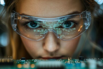 Close-up of a young engineer intensely focused on a circuit board, wearing protective eyewear with a digital data overlay reflected on the lenses.