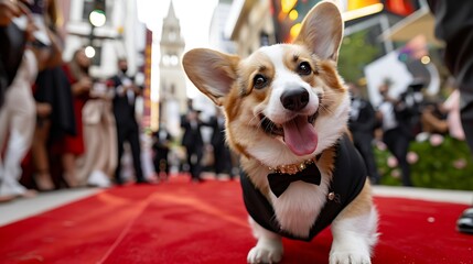 Corgi Strutting Down Red Carpet in Formal Attire at Glamorous Event