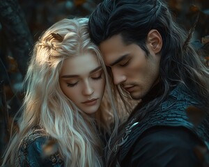 Craft a photorealistic fantasy scene of a true pairing couple in a magical forest at dawn