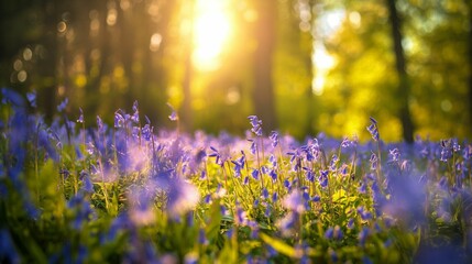 Naklejka premium Bluebell flowers blooming in forest at sunrise with soft focus and sunlight.