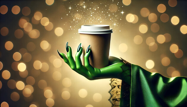halloween paper cup of coffee holded by fancy green witch hand