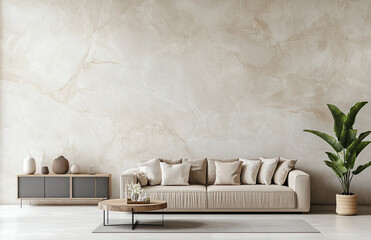 Minimalist Living Room with Neutral Tones, Modern Sofa, and Decorative Plants – Luxurious and Serene Interior, Created with AI


