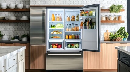 Open Refrigerator Fully Stocked with Fresh Food and Beverages in a Modern Kitchen, Emphasizing Organization and Freshness in Home Storage