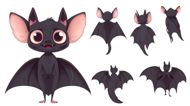 Black cartoon bat with spread wings, back view, side view, no background. transparent background