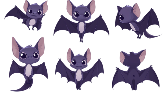 Black cartoon bat with spread wings, back view, side view, no background. transparent background