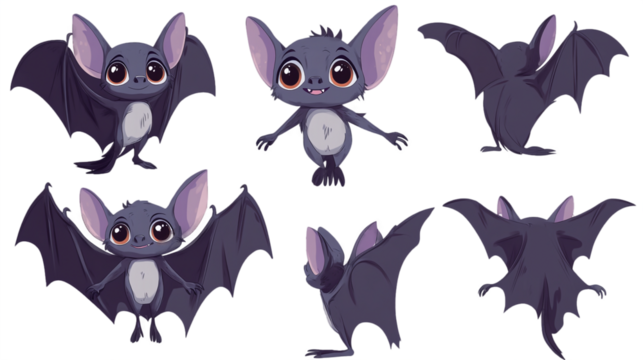 Black cartoon bat with spread wings, back view, side view, no background. transparent background